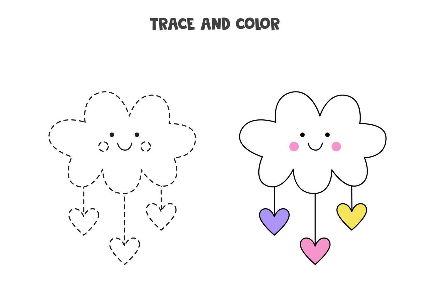 Trace and color cute cloud with hearts. Worksheet for girls. vector