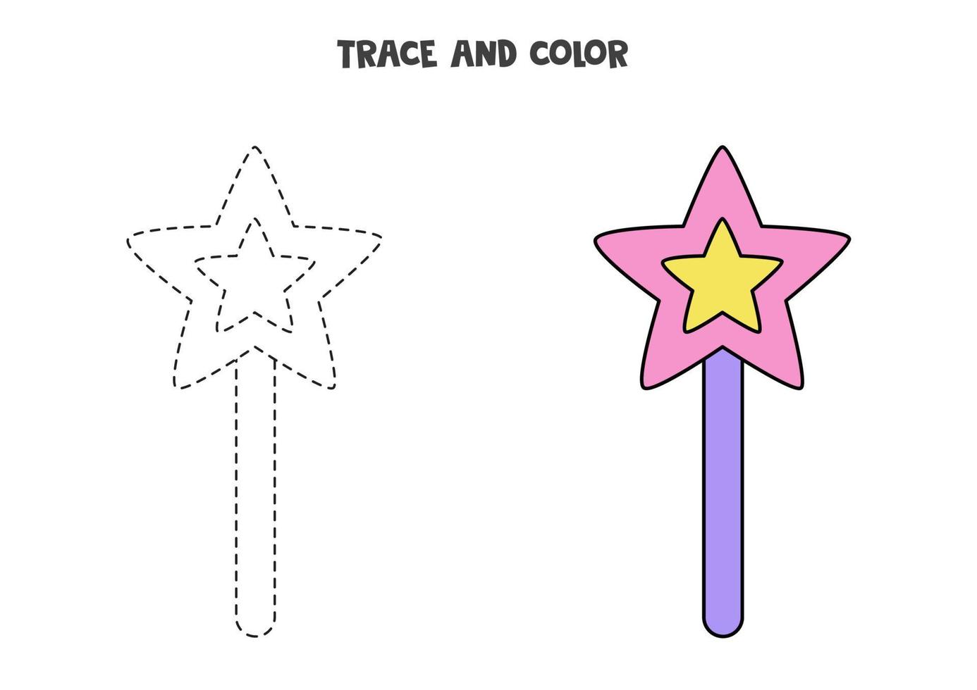 Trace and color magical wand. Worksheet for girls. vector
