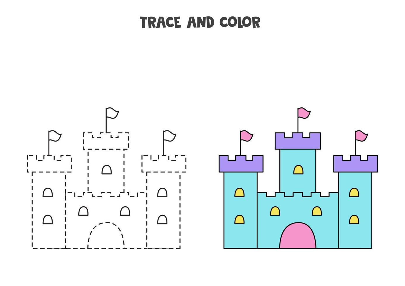 Trace and color cartoon castle. Worksheet for girls. vector