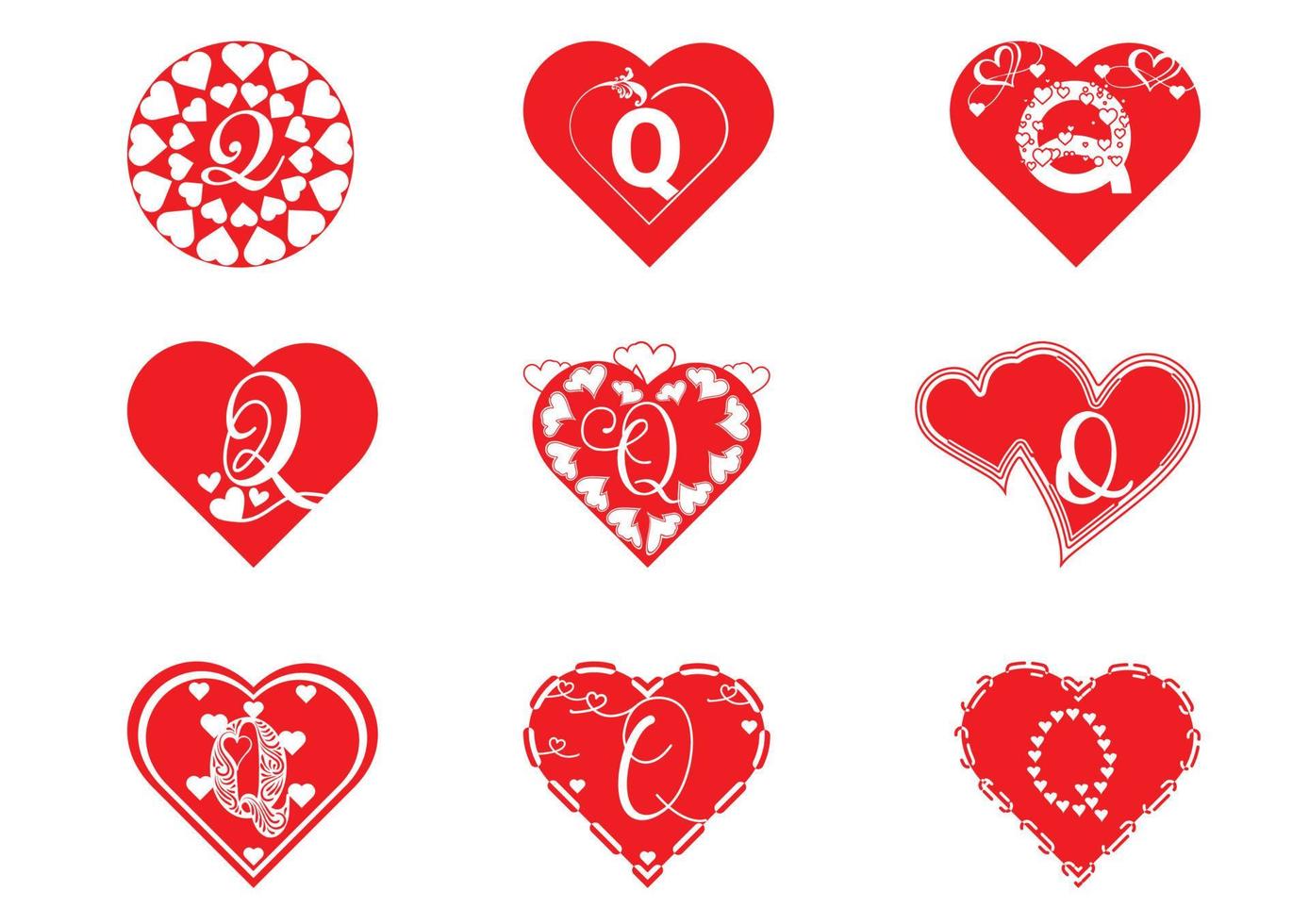 Q letter logo with love icon, valentines day design template vector