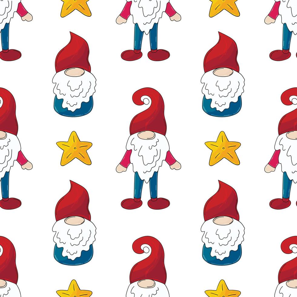 patrón navideño con gnomos escandinavos en estilo de dibujo a mano vector