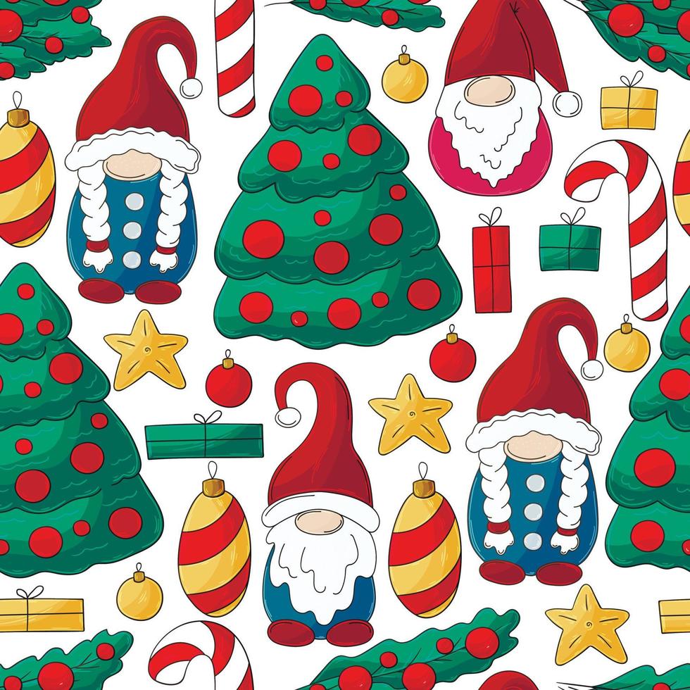 Christmas pattern with scandinavian gnomes in hand draw style vector