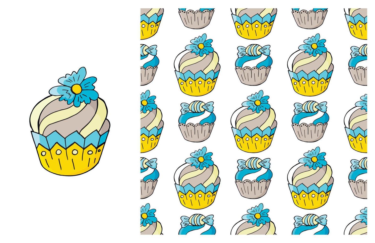 Cupcake, muffin. Set of element and seamless pattern vector
