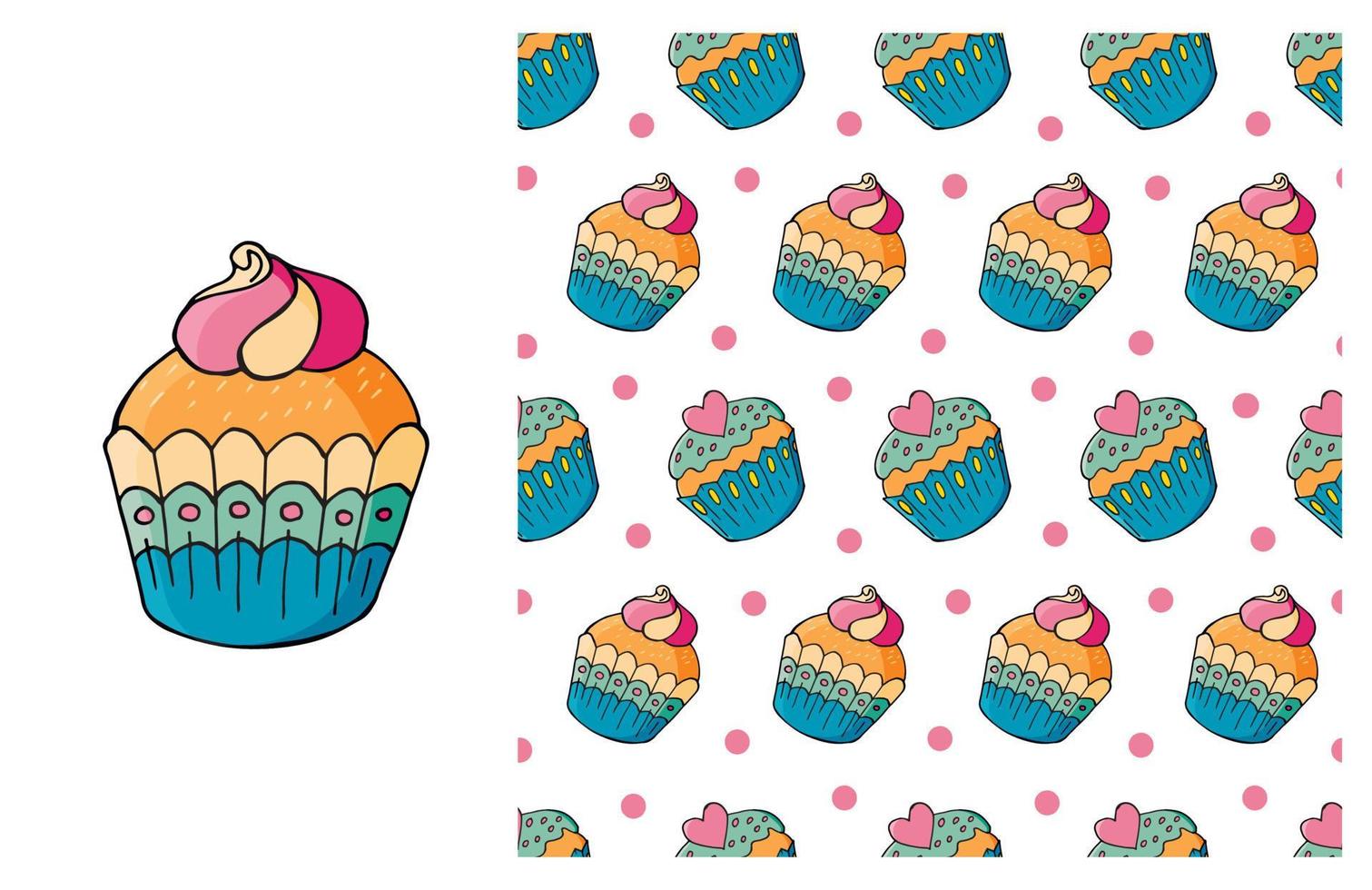 Cupcake, muffin. Set of element and seamless pattern vector