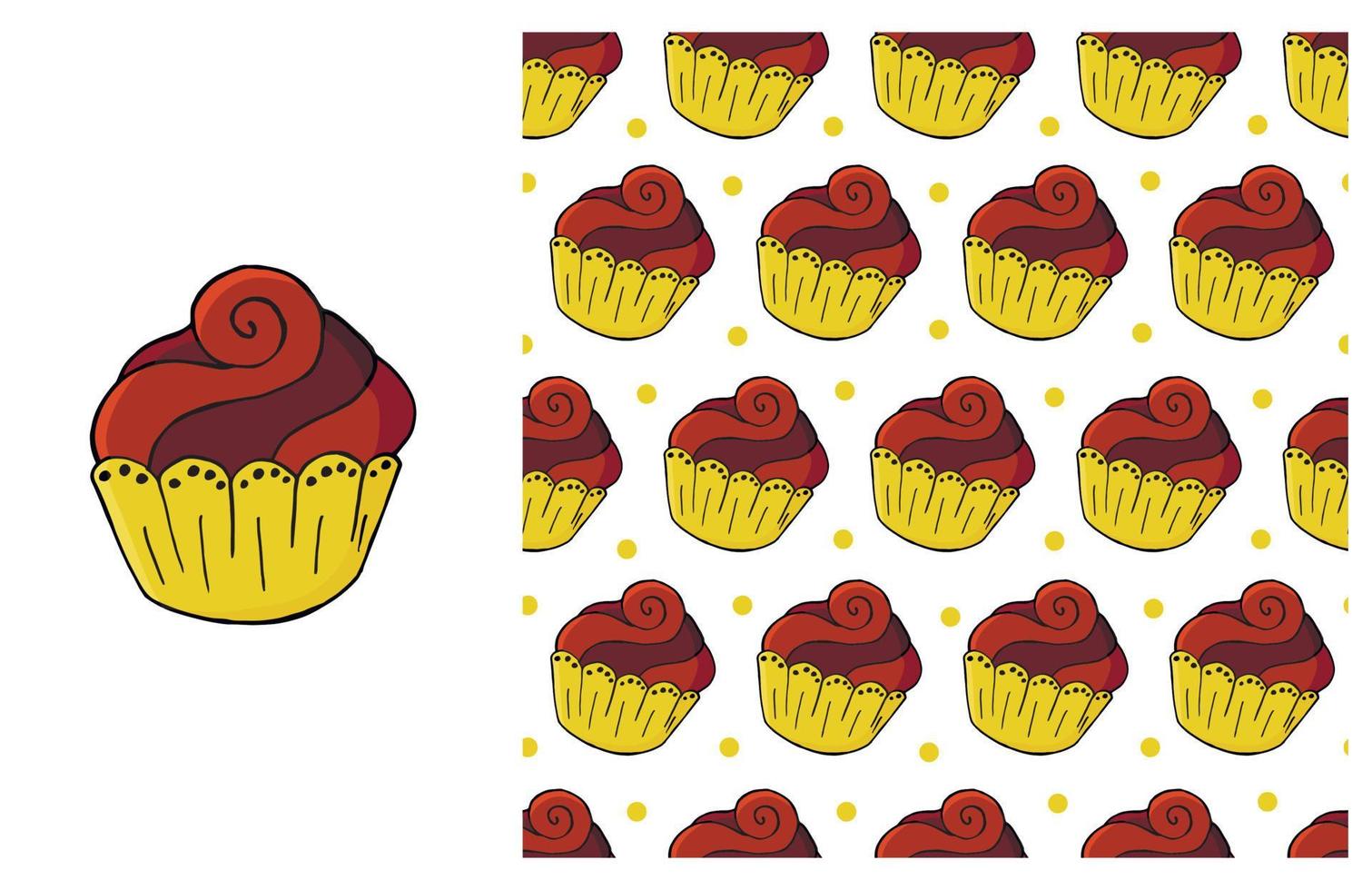 Cupcake, muffin. Set of element and seamless pattern vector
