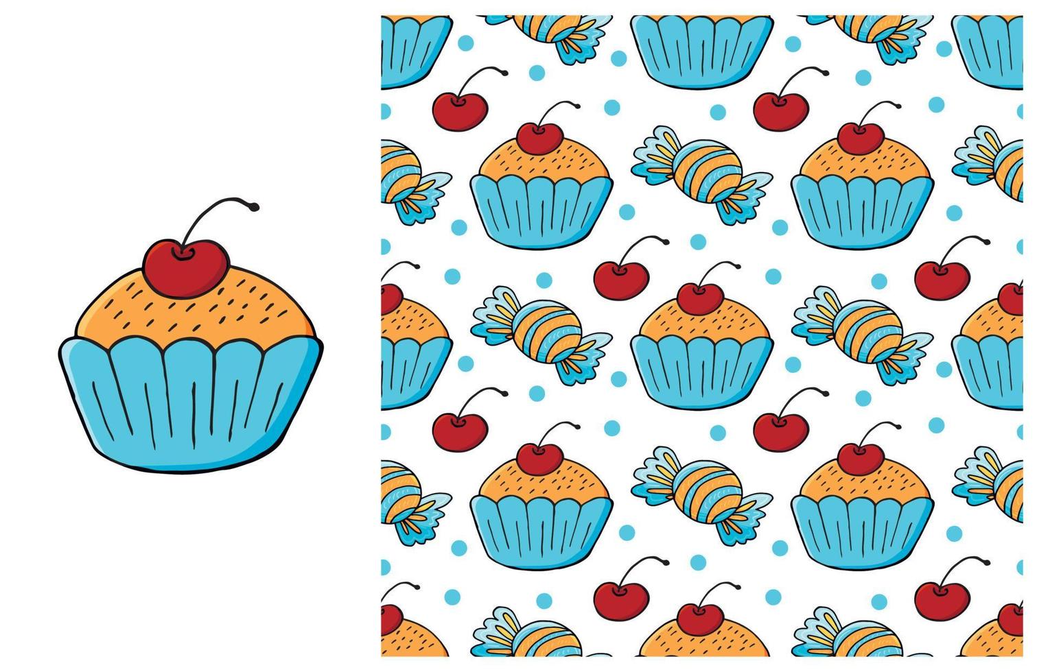 Cupcake, muffin. Set of element and seamless pattern vector