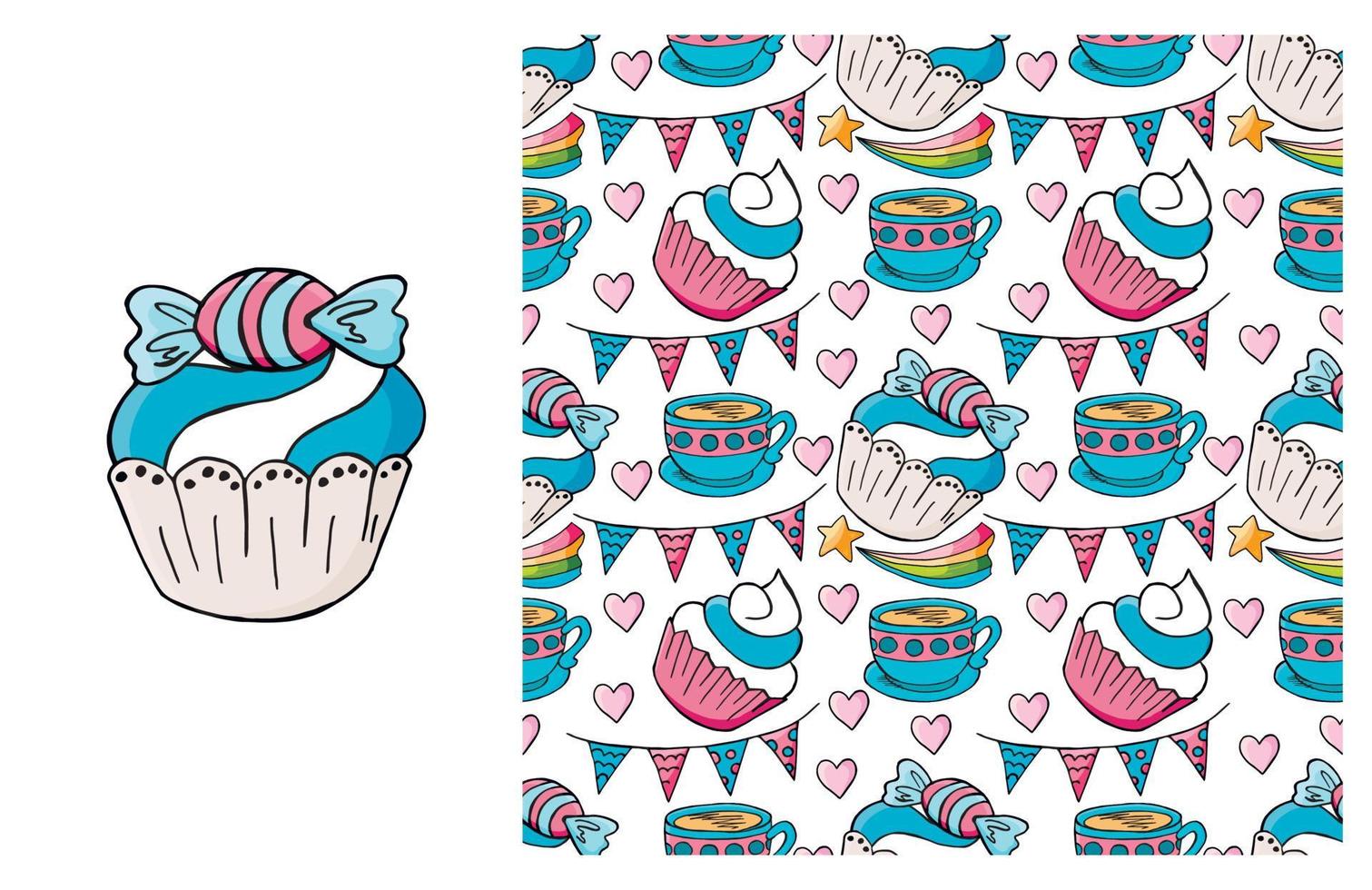 Cupcake, muffin. Set of element and seamless pattern vector