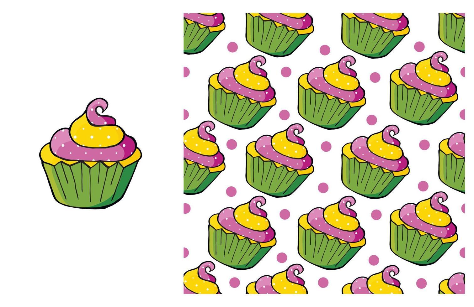 Cupcake, muffin. Set of element and seamless pattern vector
