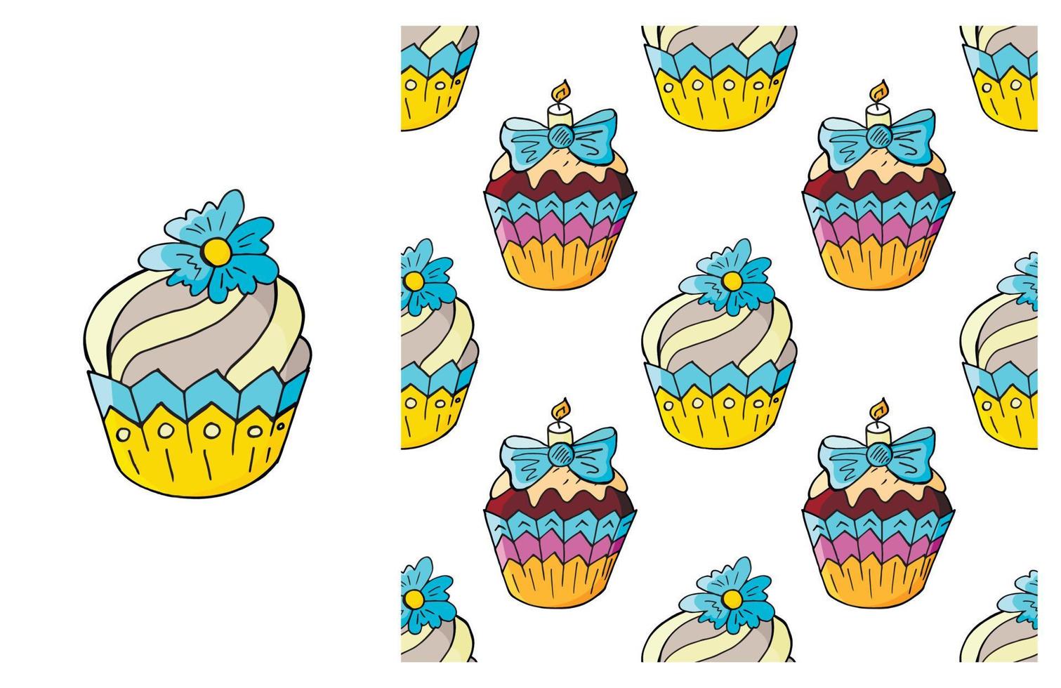 Cupcake, muffin. Set of element and seamless pattern vector