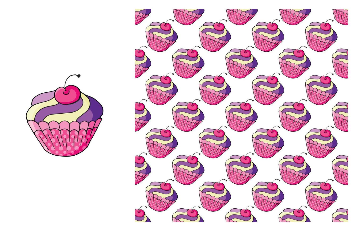 Cupcake, muffin. Set of element and seamless pattern vector