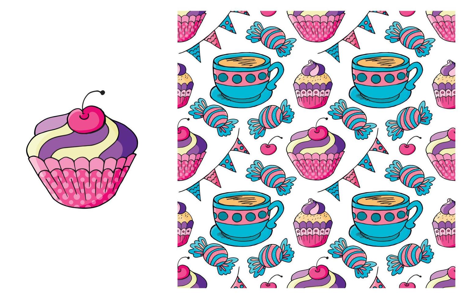 Cupcake, muffin. Set of element and seamless pattern vector