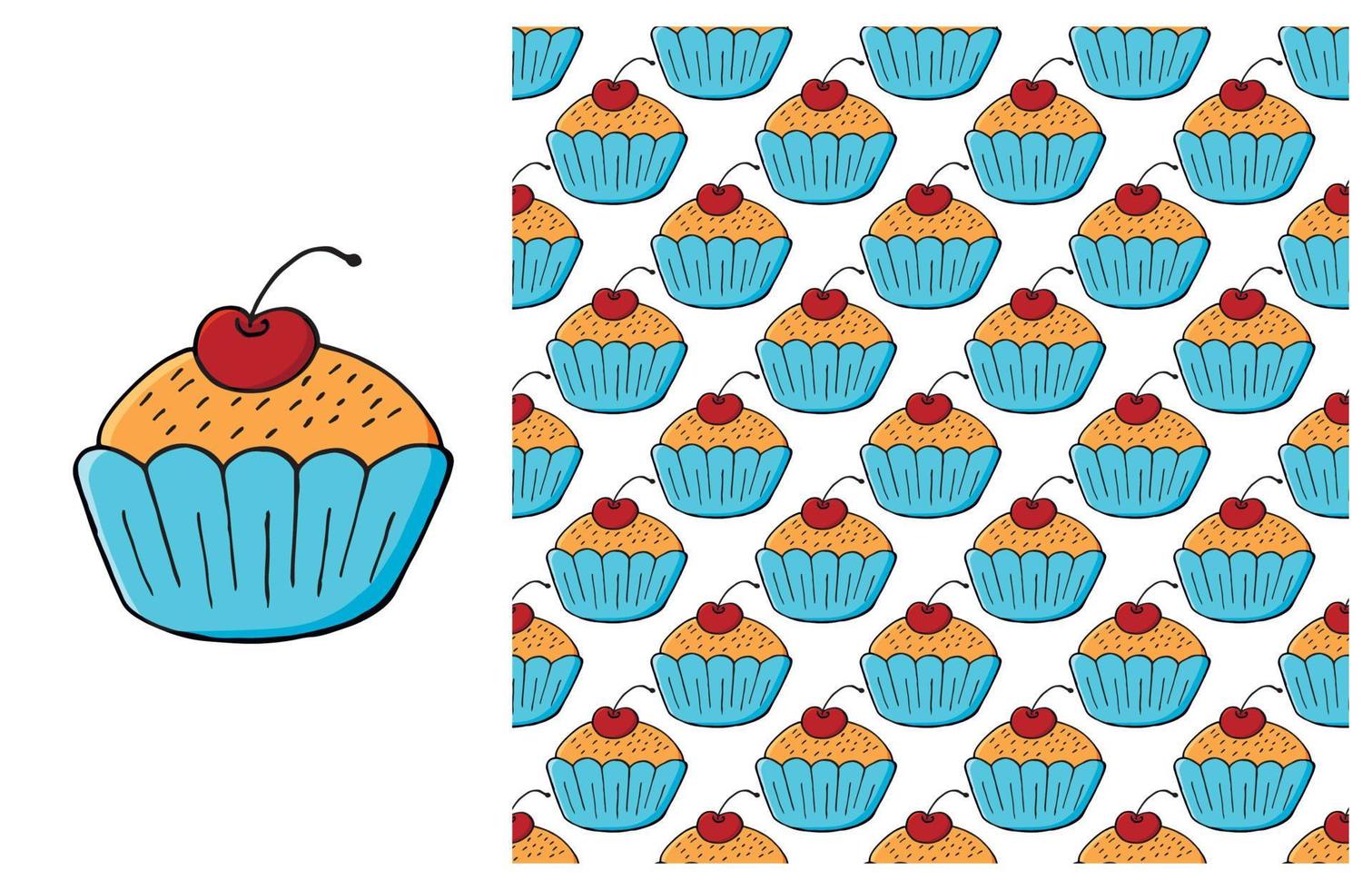 Cupcake, muffin. Set of element and seamless pattern vector