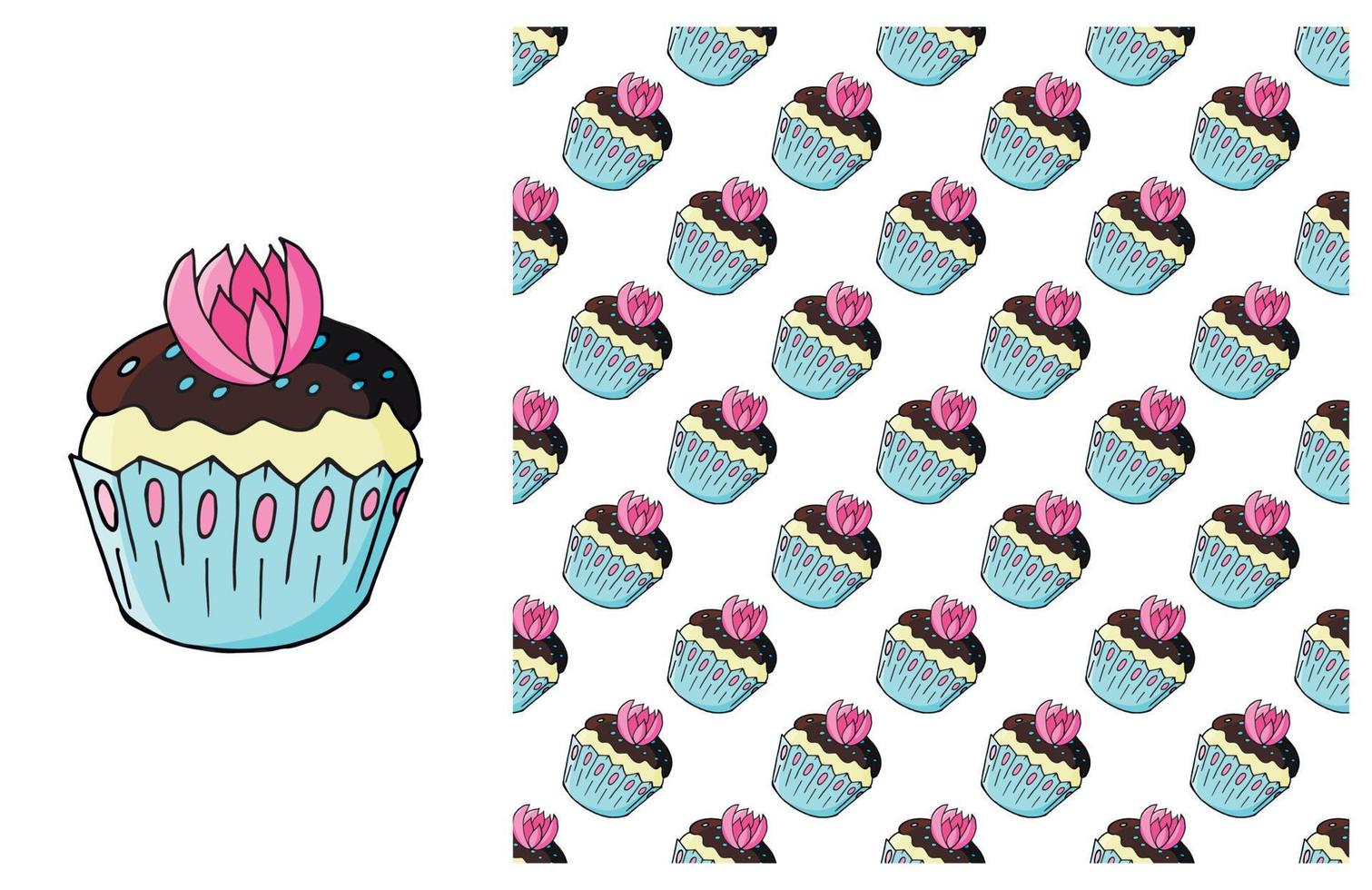 Cupcake, muffin. Set of element and seamless pattern vector