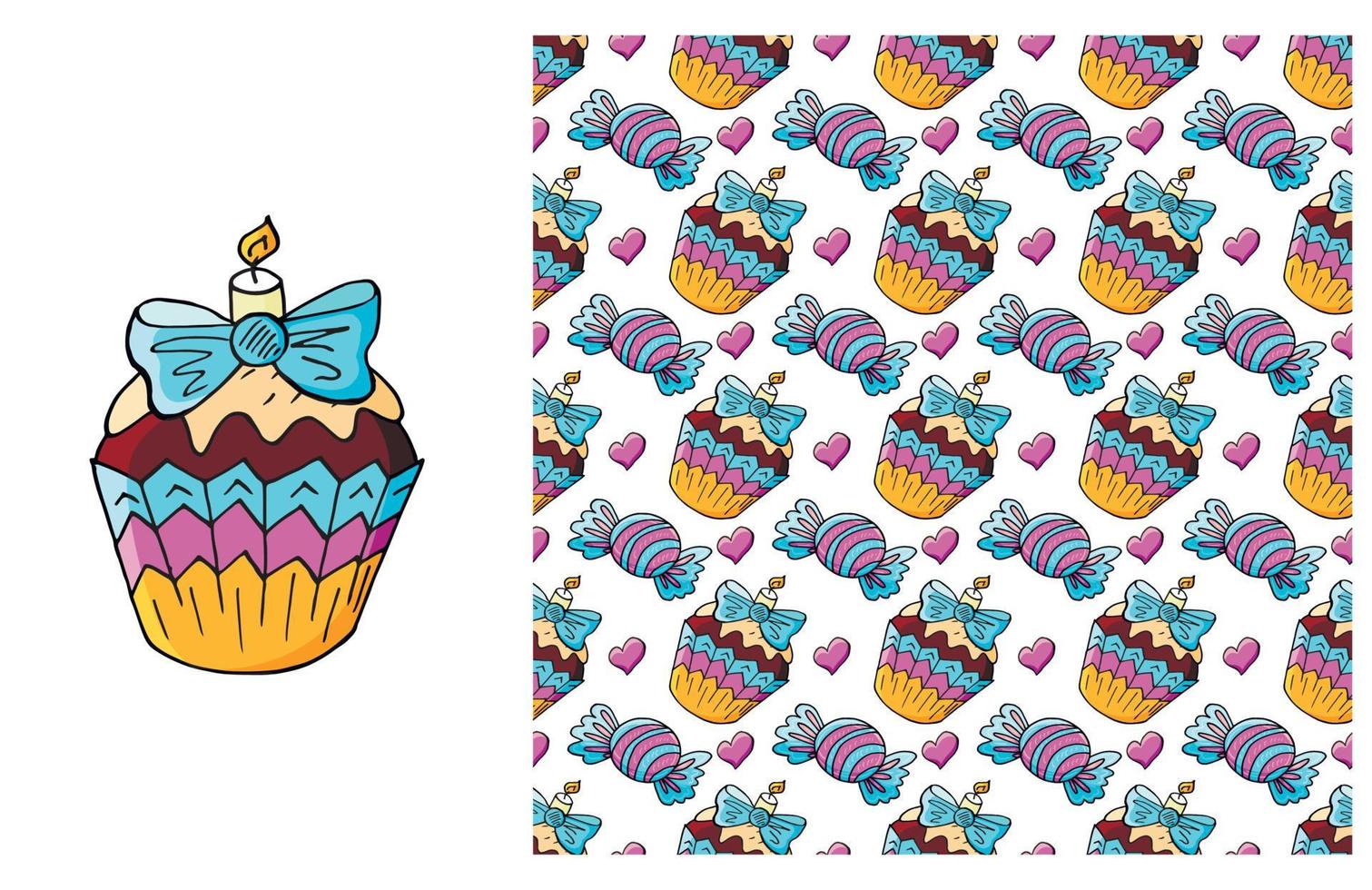 Cupcake, muffin. Set of element and seamless pattern vector