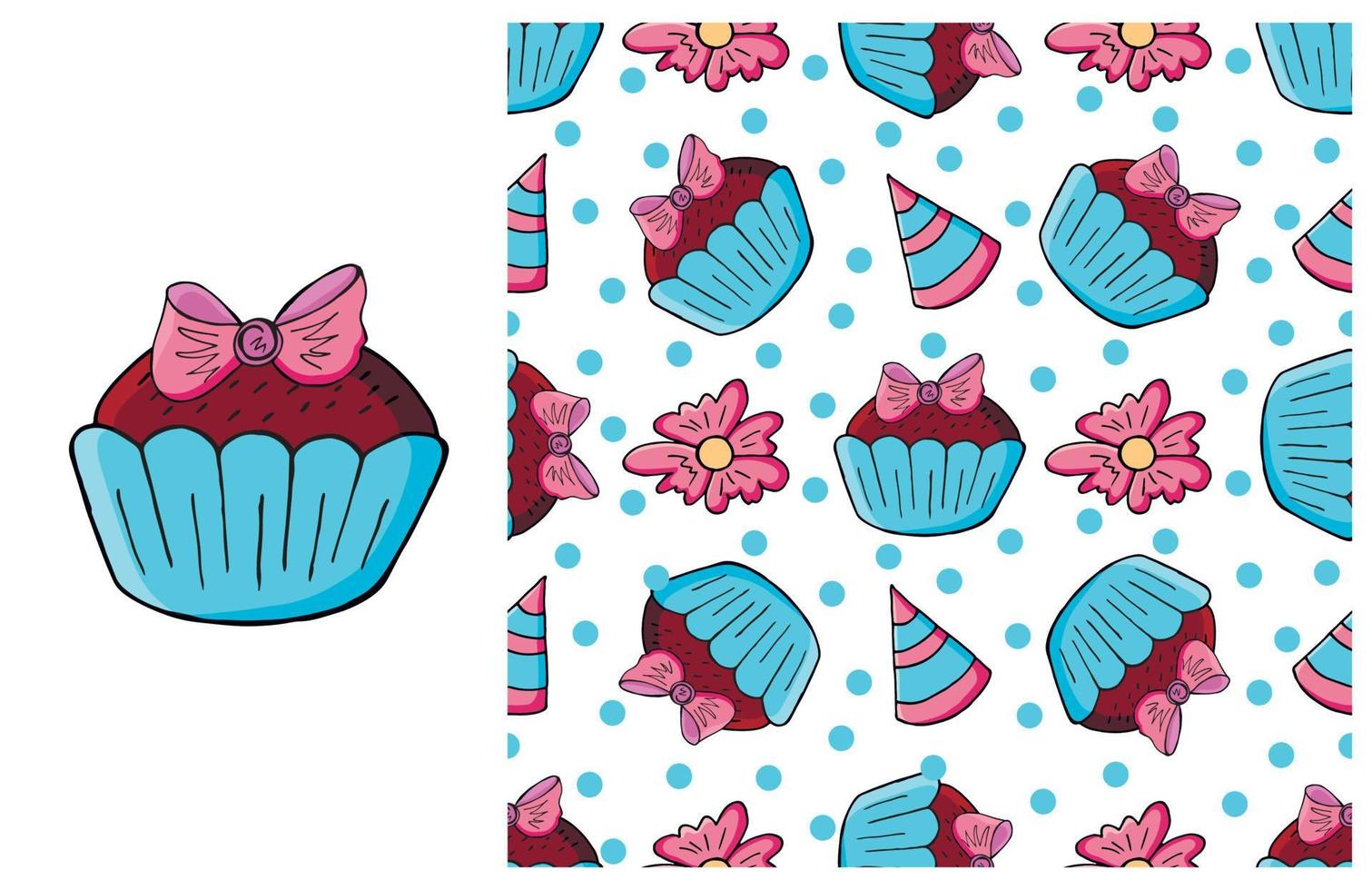 Cupcake, muffin. Set of element and seamless pattern vector