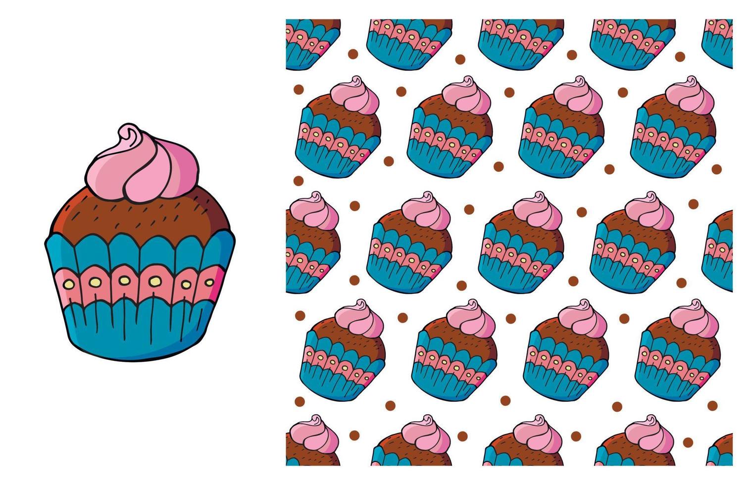 Cupcake, muffin. Set of element and seamless pattern vector
