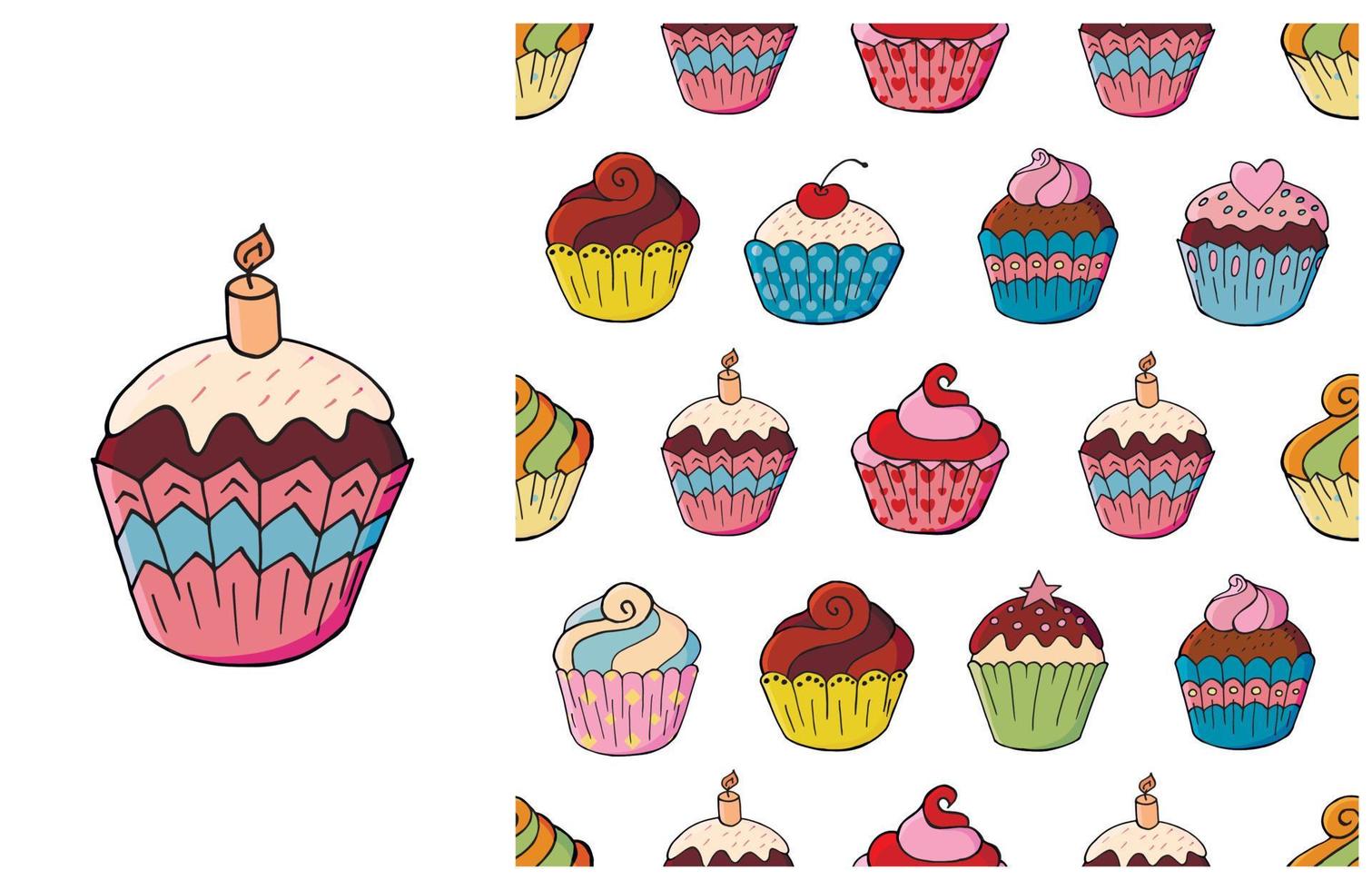 Cupcake, muffin. Set of element and seamless pattern vector