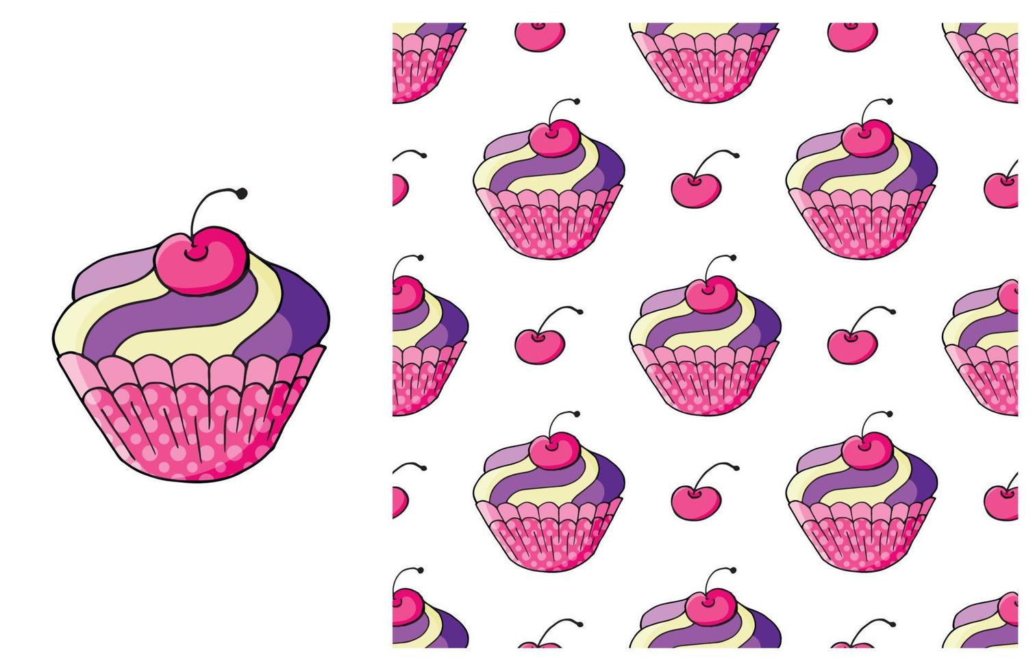 Cupcake, muffin. Set of element and seamless pattern vector
