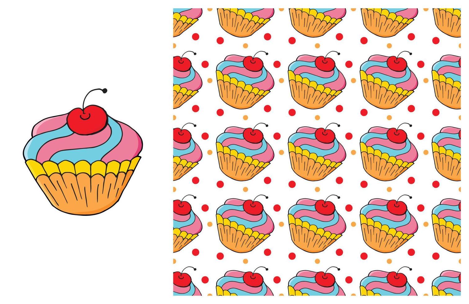 Cupcake, muffin. Set of element and seamless pattern vector