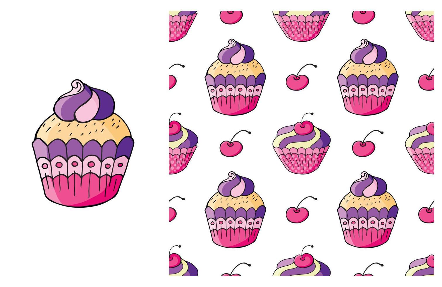 Cupcake, muffin. Set of element and seamless pattern vector