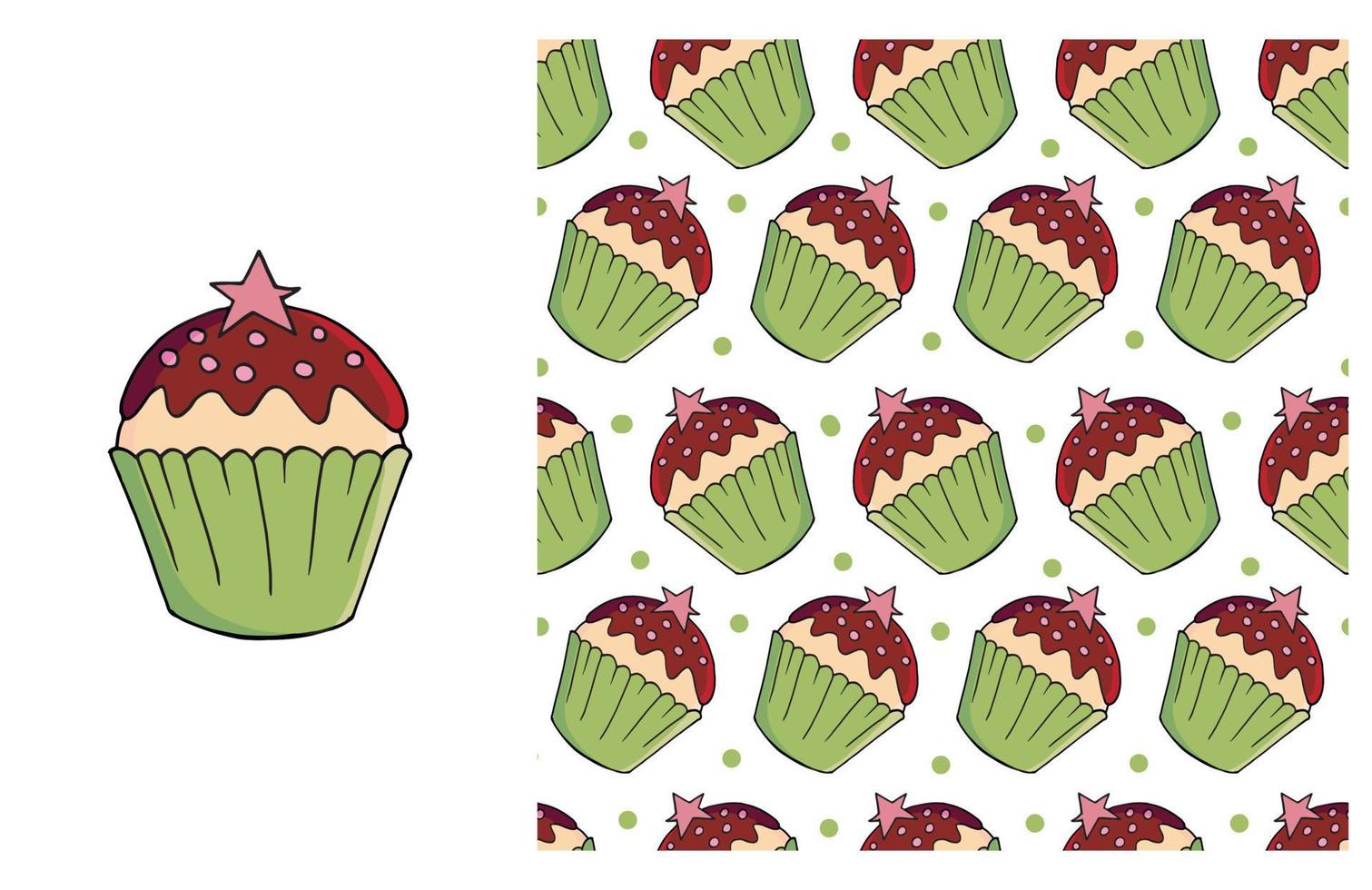 Cupcake, muffin. Set of element and seamless pattern vector