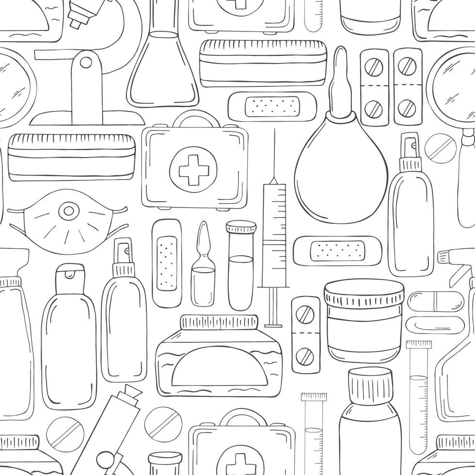 Monochrome medical seamless pattern. Coloring pages, black and white vector