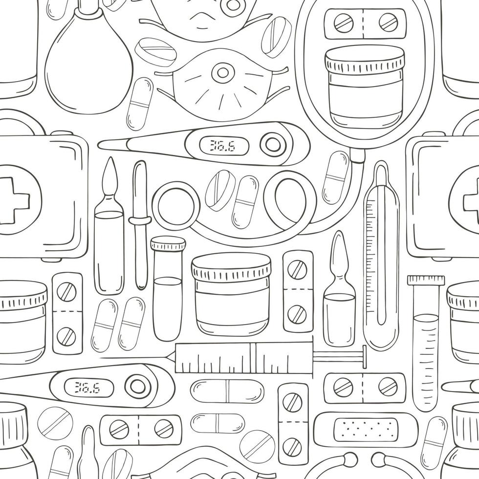 Monochrome medical seamless pattern. Coloring pages, black and white vector