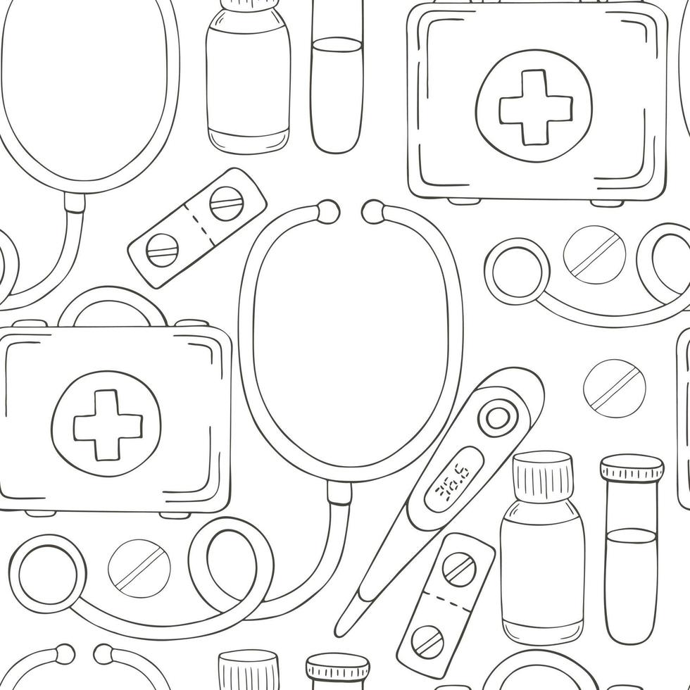 Monochrome medical seamless pattern. Coloring pages, black and white vector