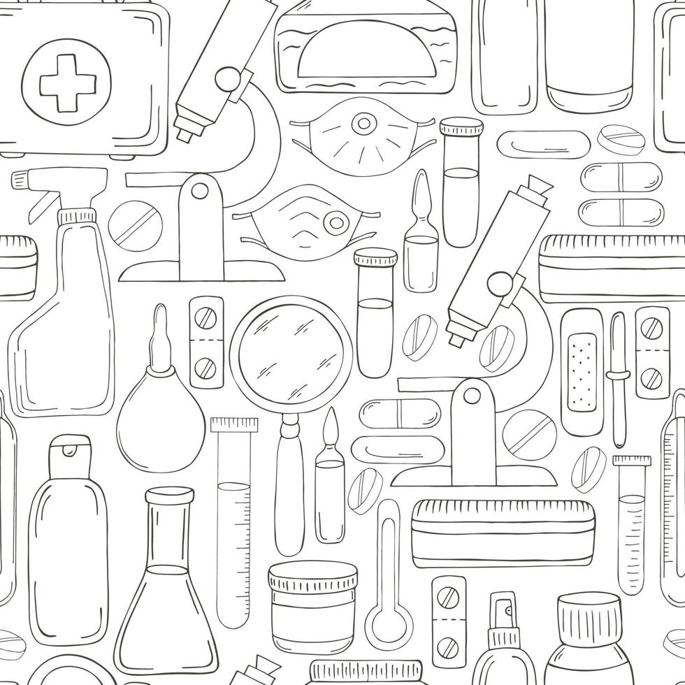 Monochrome medical seamless pattern. Coloring pages, black and white vector