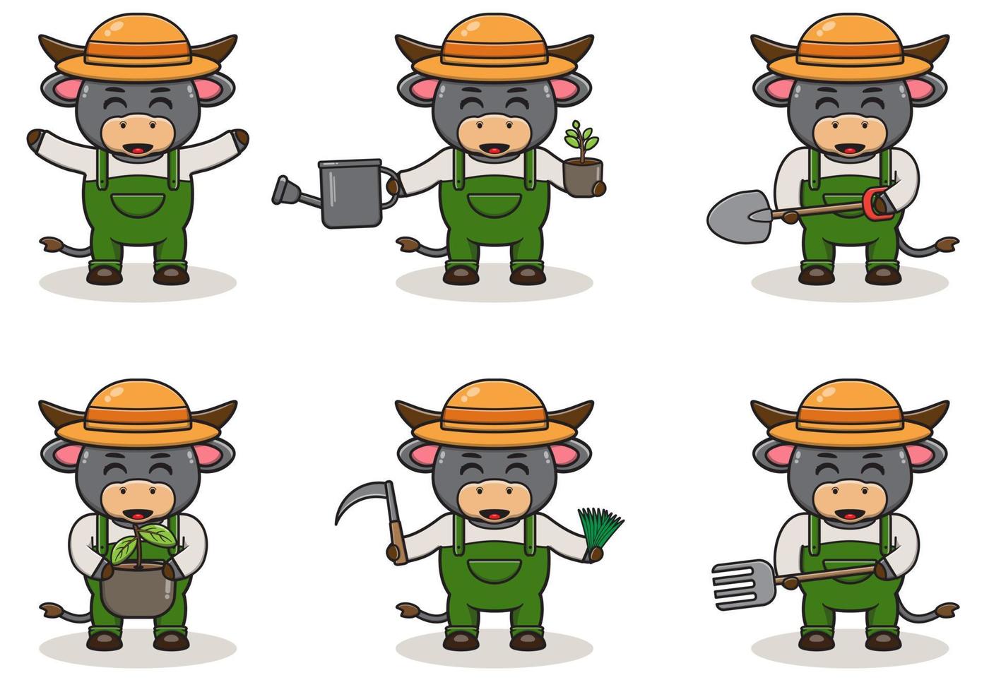 Cute Buffalo   farmer character design with straw hat. vector