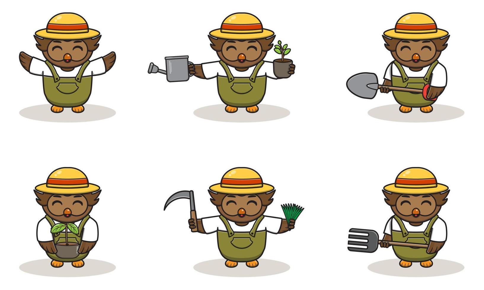 Cute Owl farmer character design with straw hat. vector