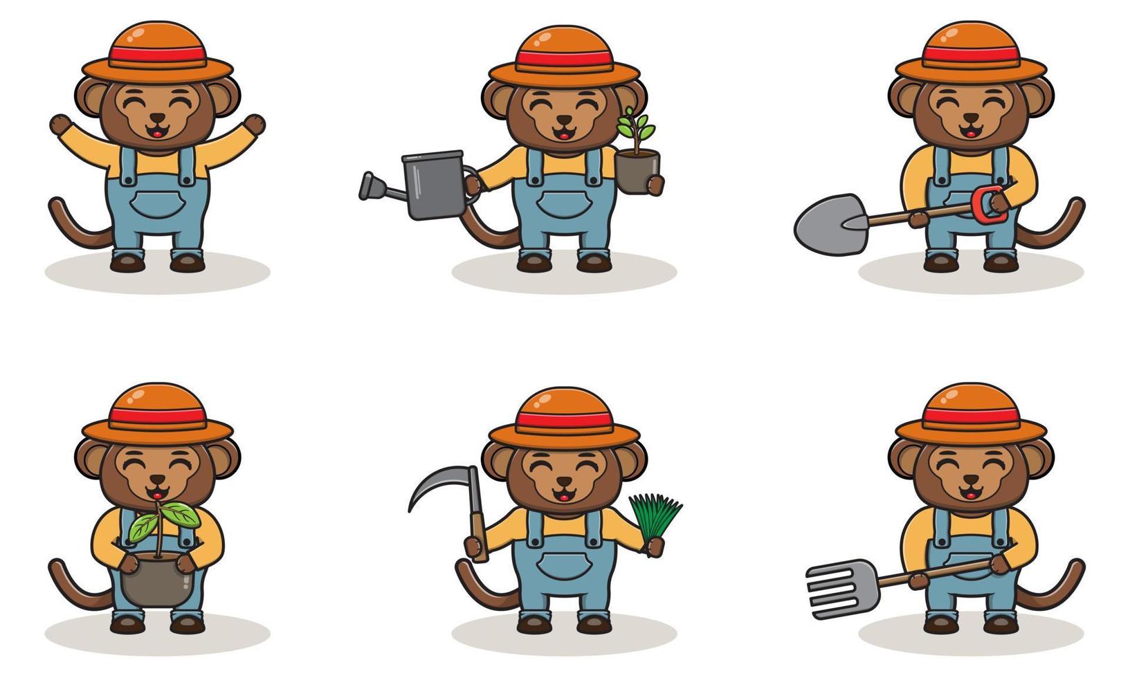lindo diseño de personaje de granjero de mono con sombrero de paja. vector
