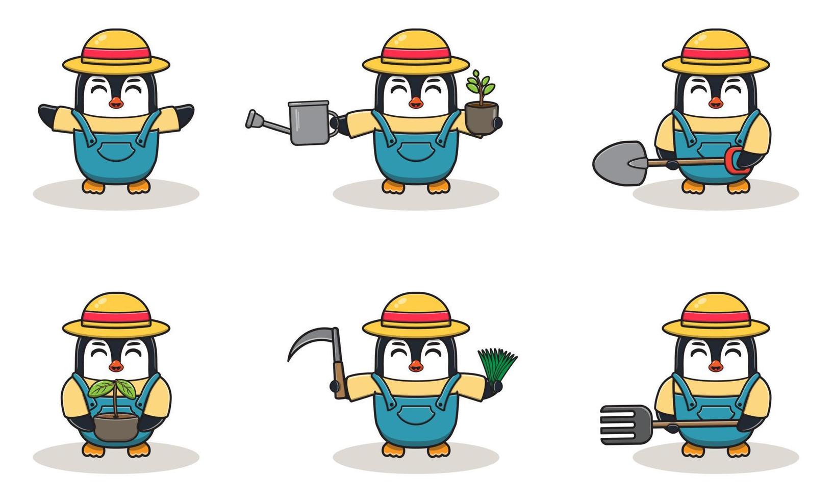 diseño de personaje de granjero de pingüino lindo con sombrero de paja. vector