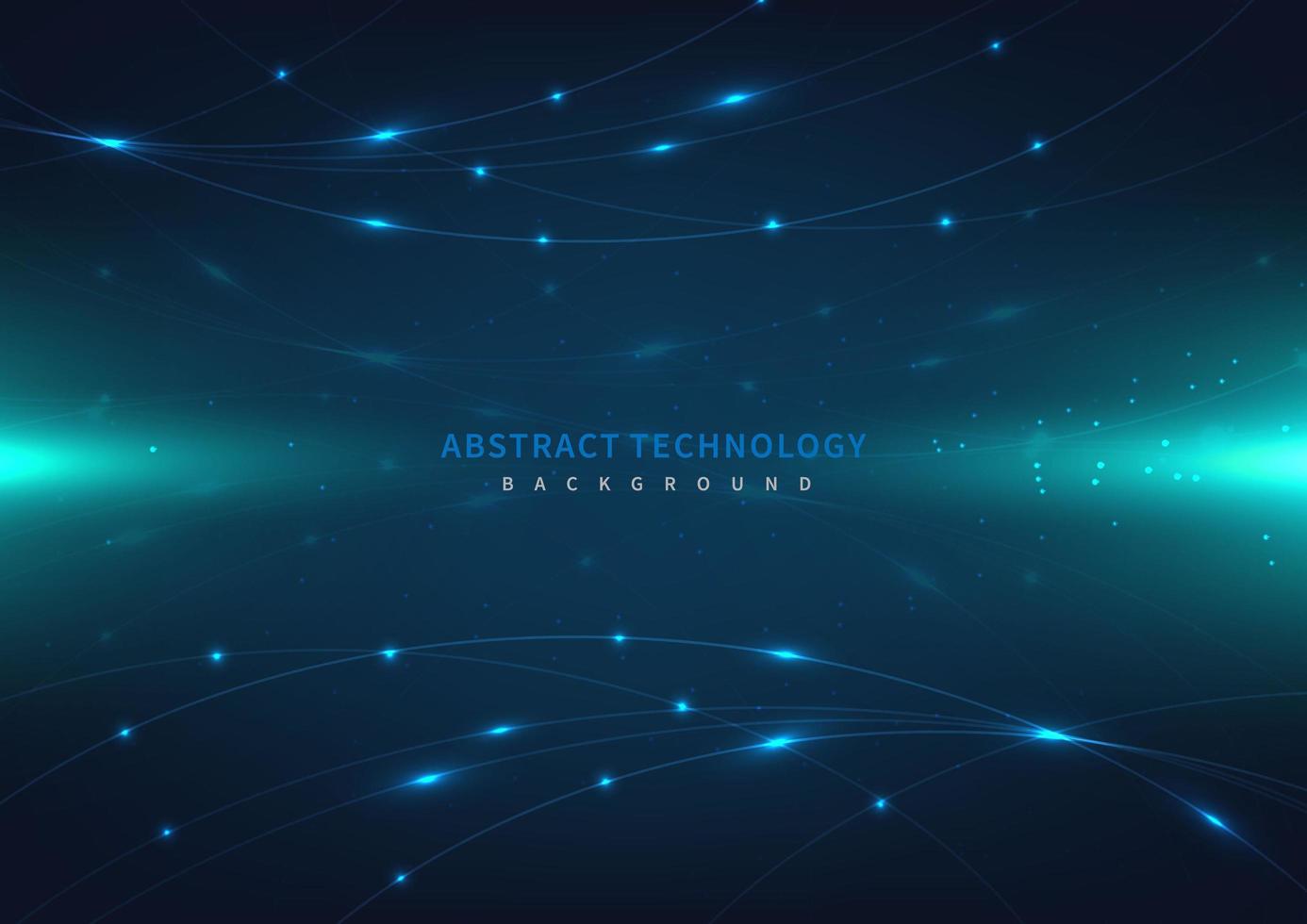 Abstract technology futuristic digital concept laser curved lines pattern with lighting glowing particles on dark blue background. vector
