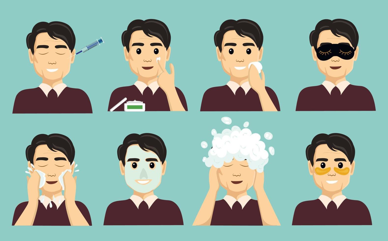 asian adult man takes care of his face with various actions. set of vector illustrations of man isolated on light blue background.