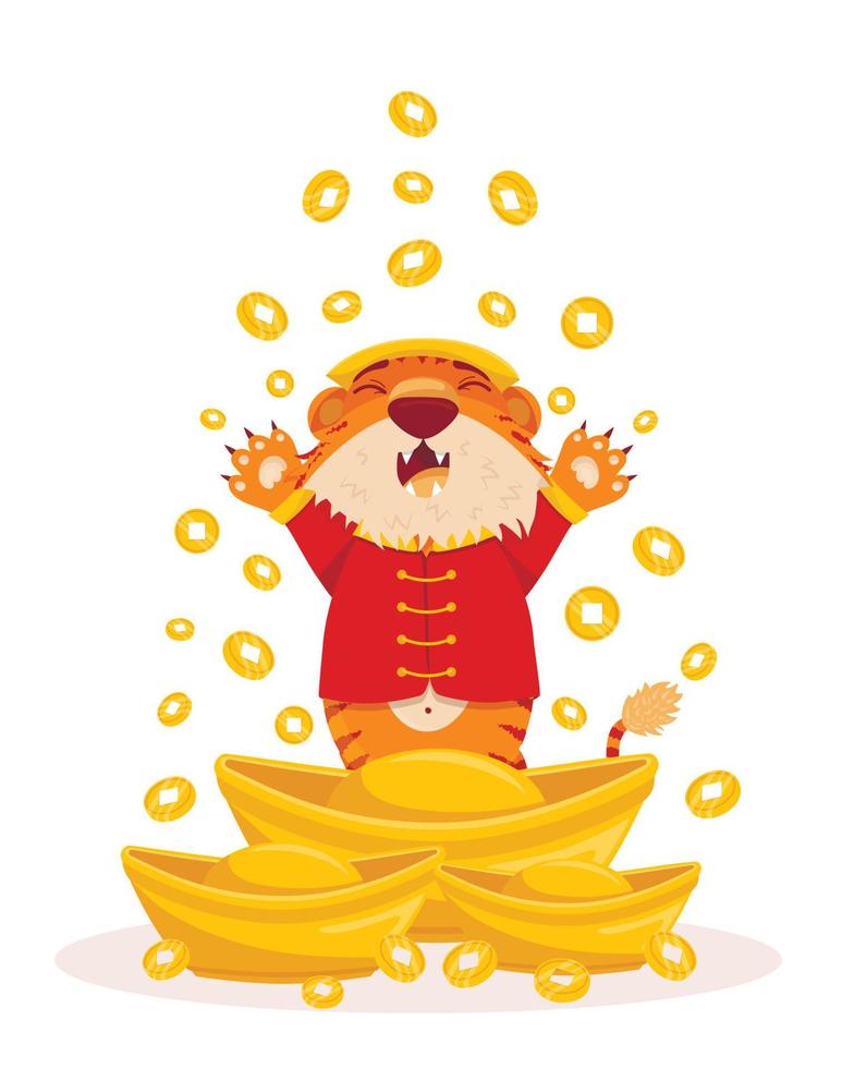 un tigre con el traje nacional del año nuevo chino se encuentra cerca de los lingotes de oro bajo una lluvia de monedas vector