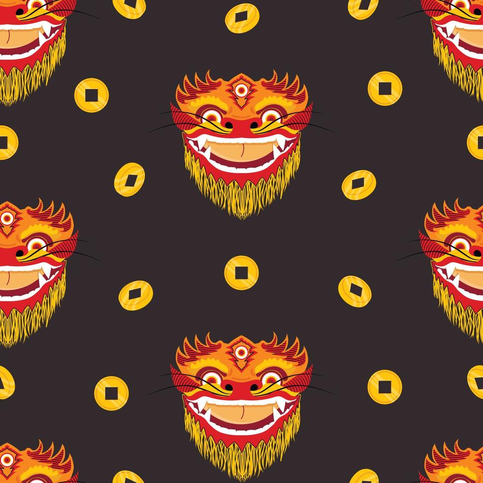 Patrón sin fisuras con la cabeza de un dragón chino rojo y una moneda de la suerte con un agujero sobre un fondo oscuro en estilo de dibujos animados vector