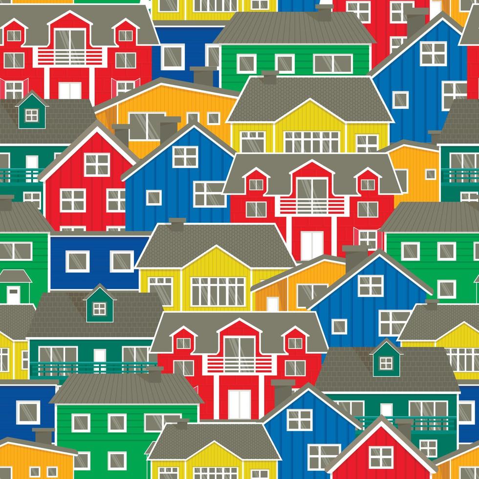 Norwegian colorful houses set hand drawn seamless vector pattern. Country houses wrap, rustic style design. Background of the northern city. Printable decorative wallpaper