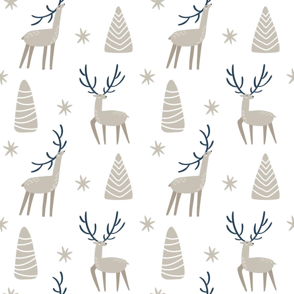 Seamless pattern of hand drawn Vector Christmas tree, snowflake and deer. Baby Winter forest scandinavian background illustration. Cute kids background. For children fabric textile