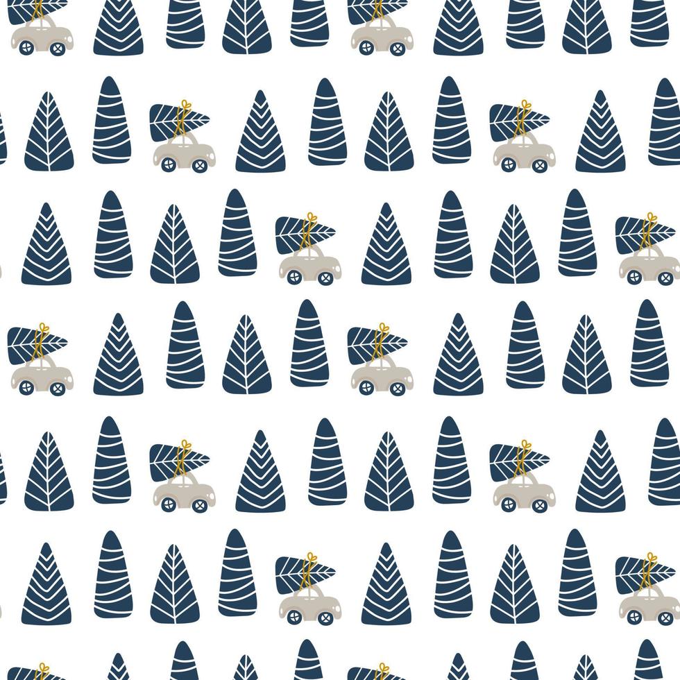 Seamless pattern of hand drawn Vector Christmas tree and car with fir tree. Baby Winter forest scandinavian background illustration. Cute kids background. For children fabric textile