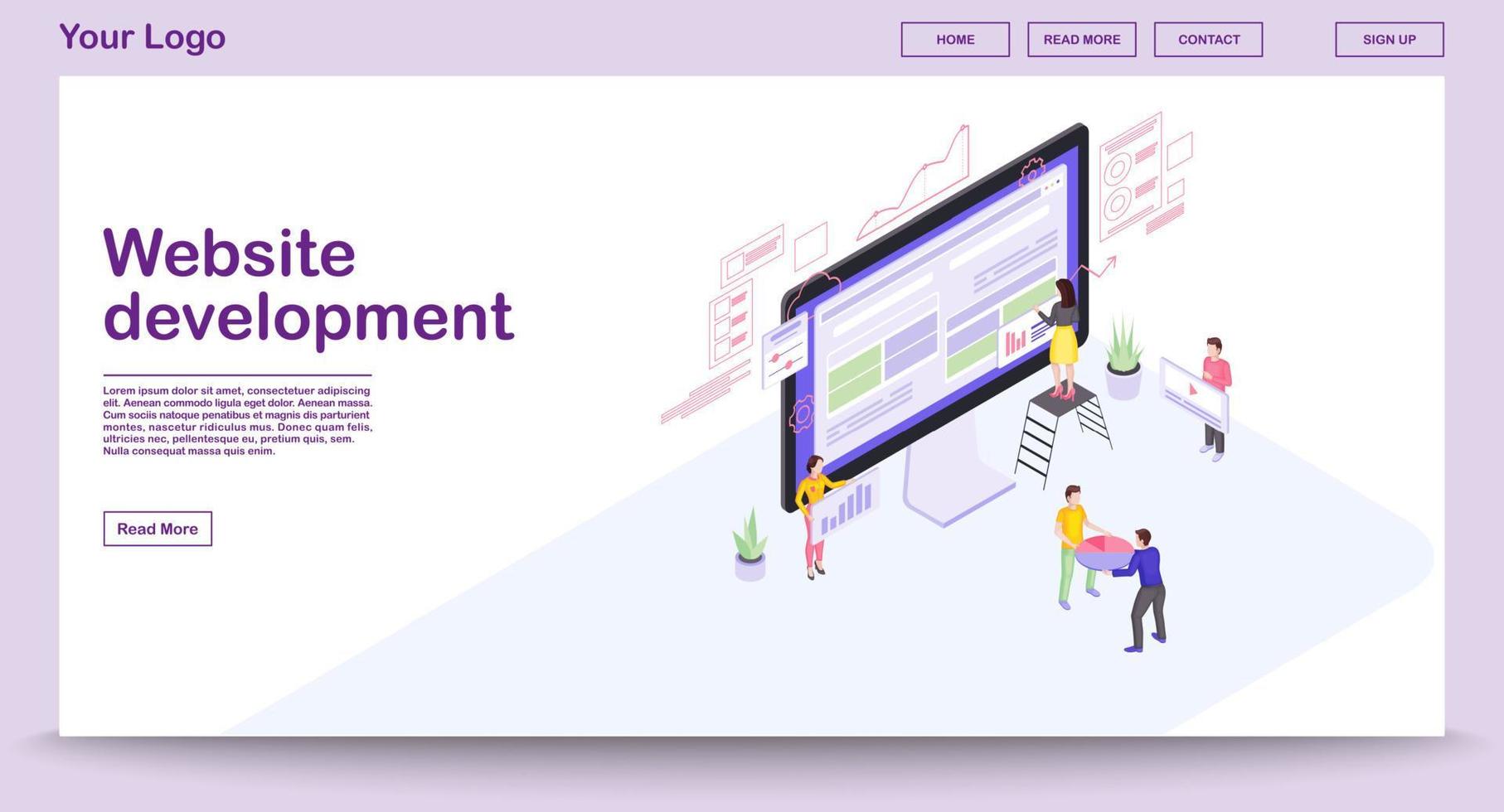 Website development webpage vector template with isometric illustration