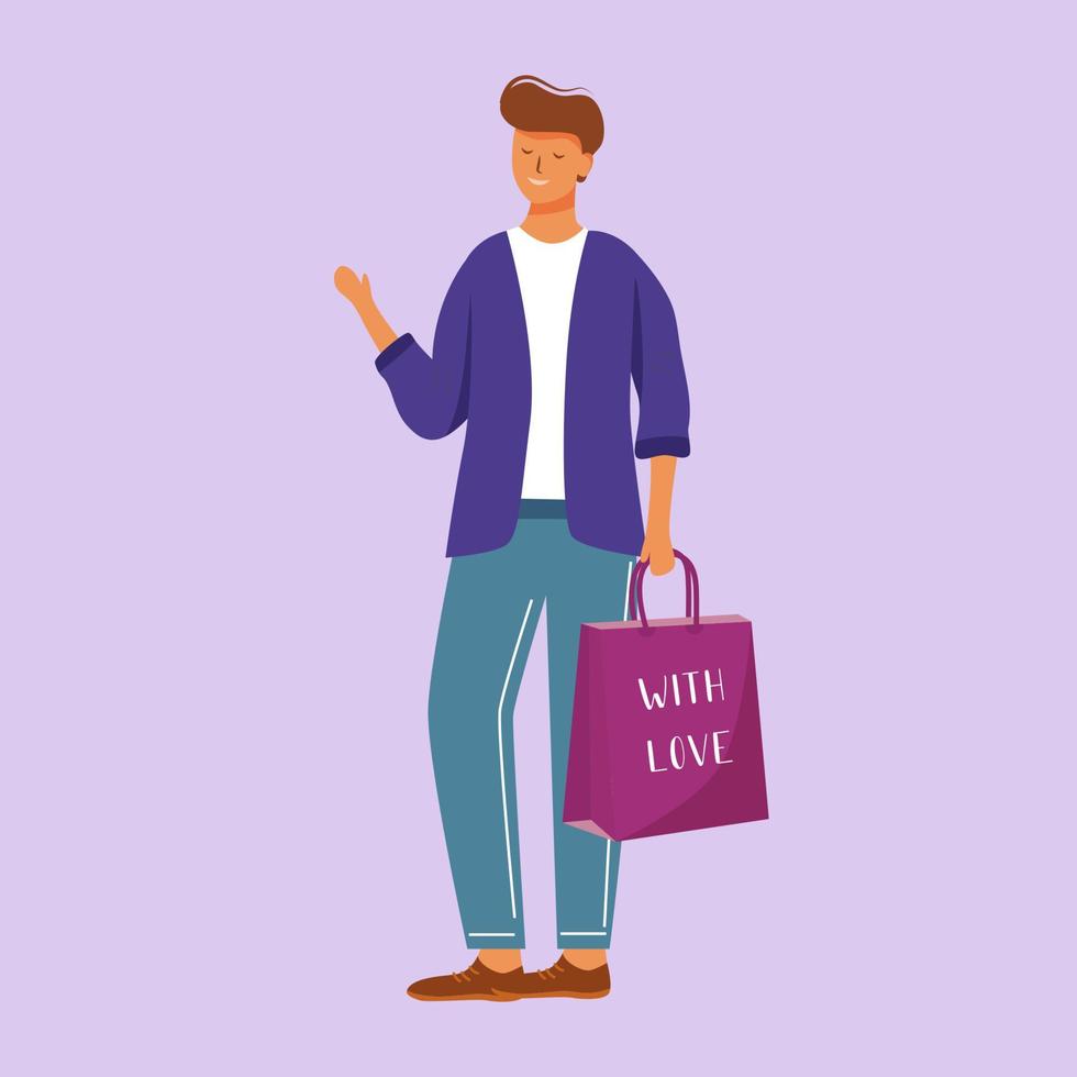 Happy man with gift bag flat vector illustration. Smiling caucasian guy walking for birthday celebration. Joyful boyfriend going to party with present isolated cartoon character on violet background