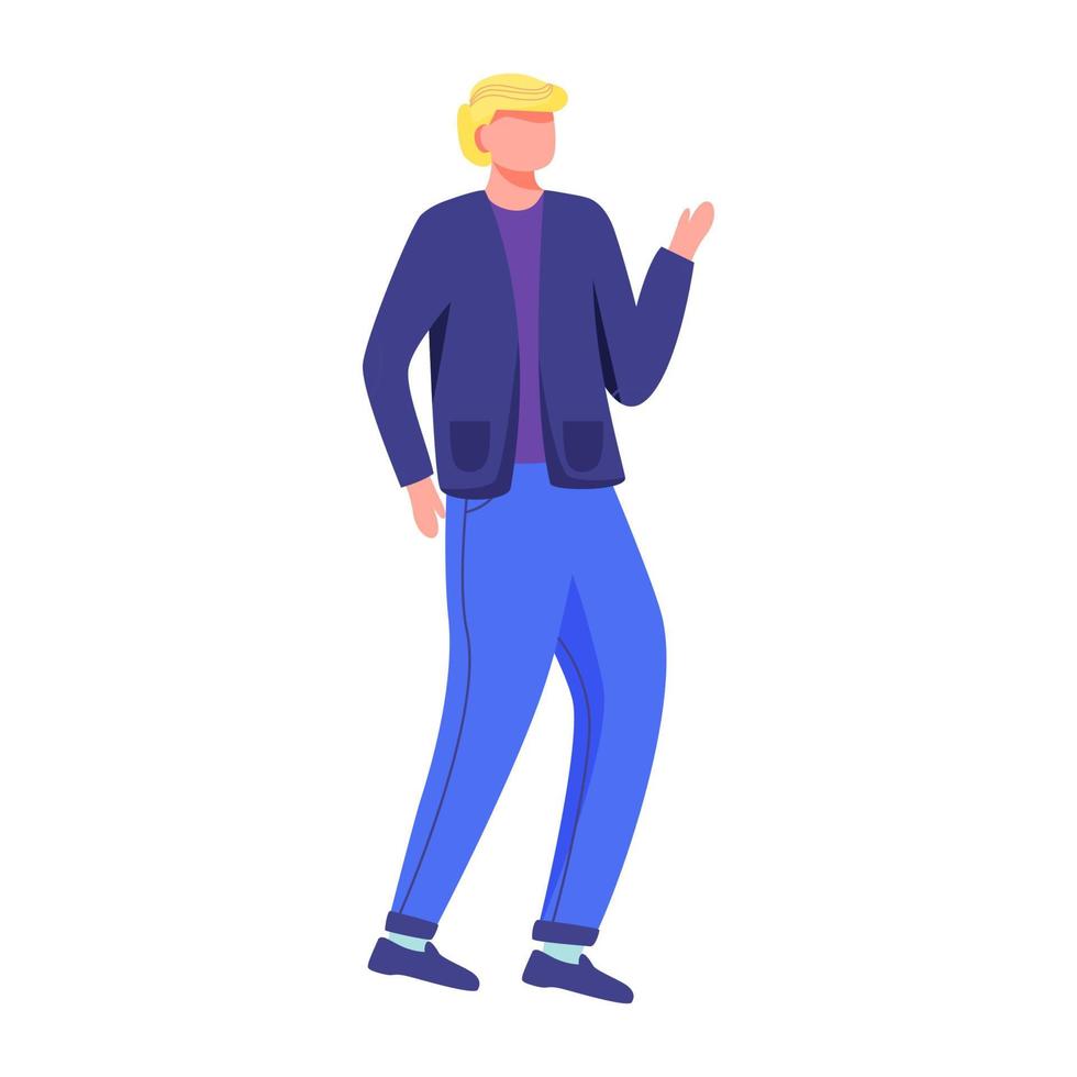 Dancing man flat vector illustration. Happy cheerful boy. Party celebration. Full body standing caucasian blond guy in casual clothes isolated cartoon character on white background