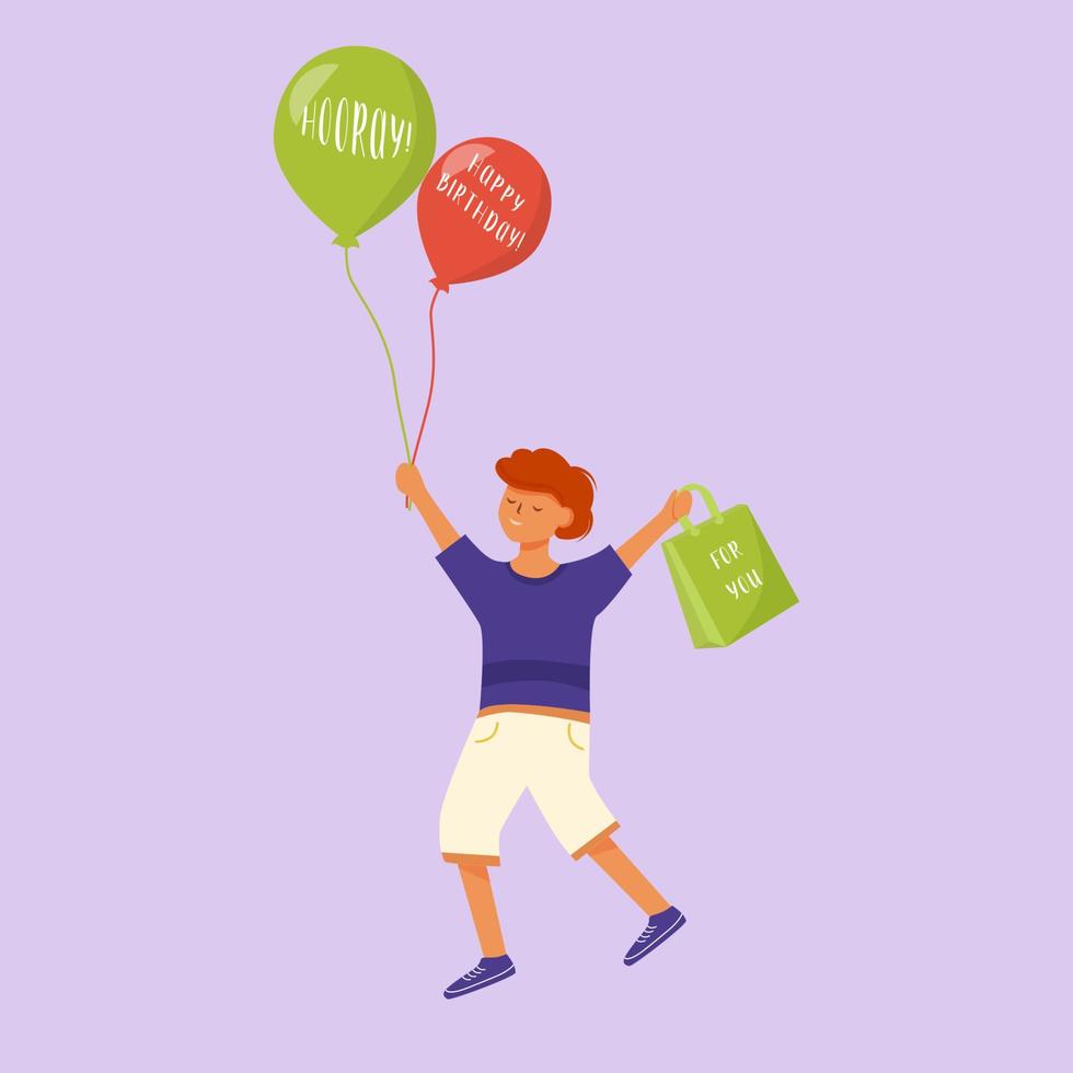 Happy little boy flat vector illustration. Cheerful child going to anniversary celebration. Smiling youngster with birthday balloons and present isolated cartoon character on violet background