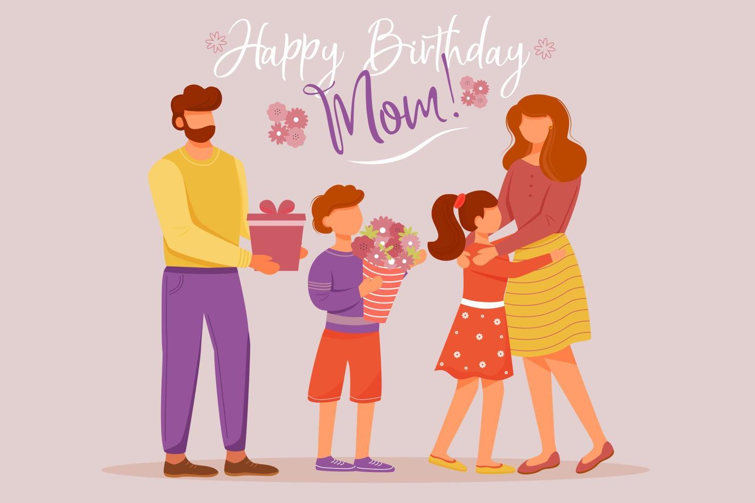 Happy birthday mom greeting card flat vector template. Father, children congratulate mother. Postcard, invitation design layout. Poster, banner, print with cartoon characters and lettering