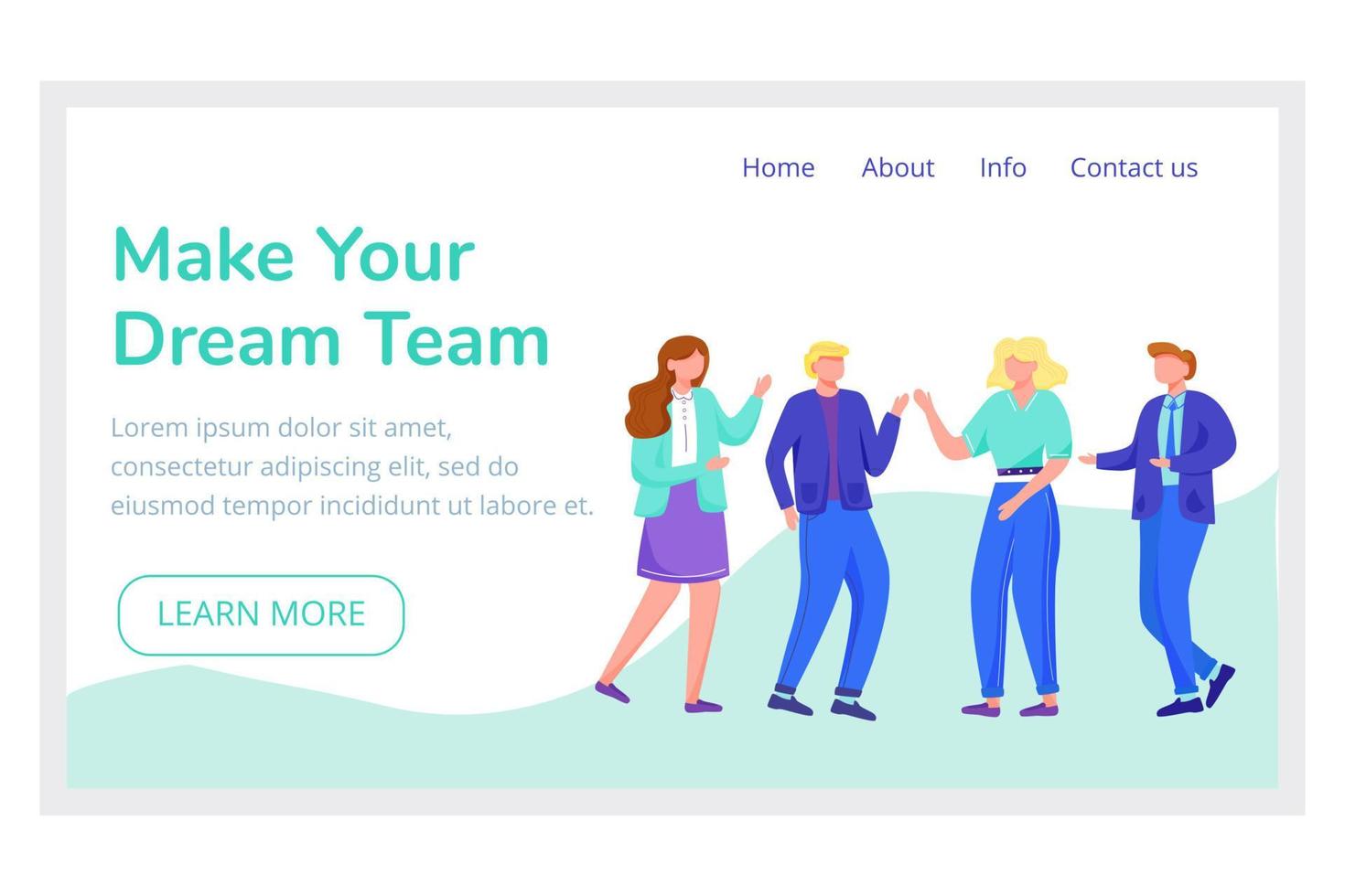 Make your dream team landing page vector template. Recruitment agency website interface idea with flat illustrations. Teambuilding homepage layout. Cooperation web banner, webpage cartoon concept