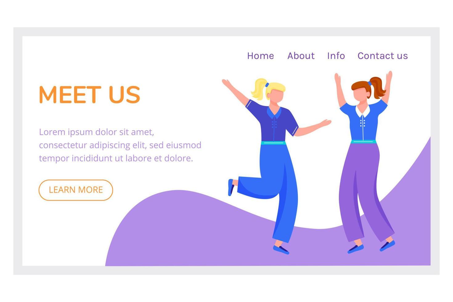 Meet us landing page vector template. Business invitation website interface idea with flat illustrations. Corporate party homepage layout. Happy teamwork web banner, webpage cartoon concept