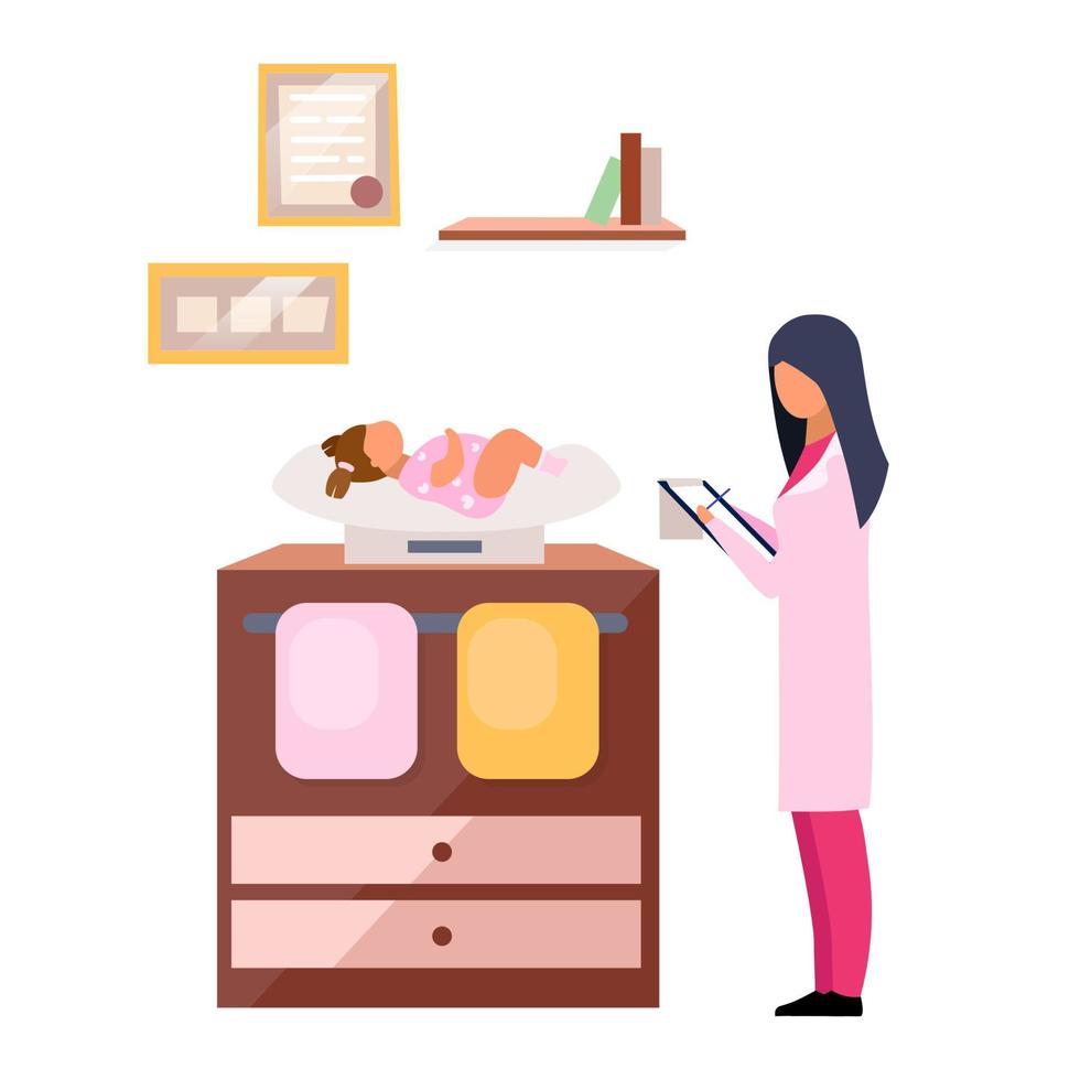 Pediatrician at work flat vector illustration. Female doctor registering baby body weight on scales. Nutritionist examining overweight girl isolated cartoon character on white background