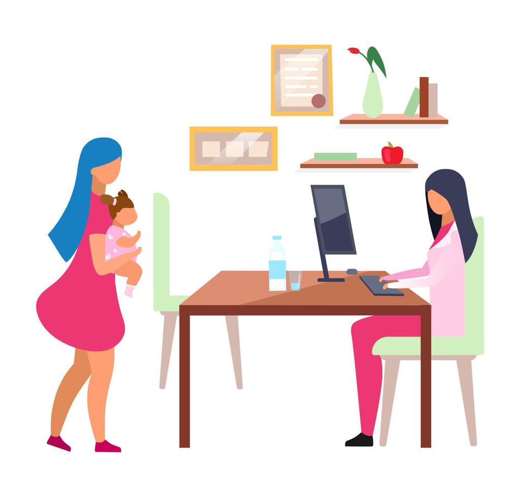 mujer visitando la ilustración de vector plano pediatra. joven madre sosteniendo a niña linda personaje de dibujos animados aislado sobre fondo blanco. consultoría nutricionista sobre el problema de la obesidad infantil