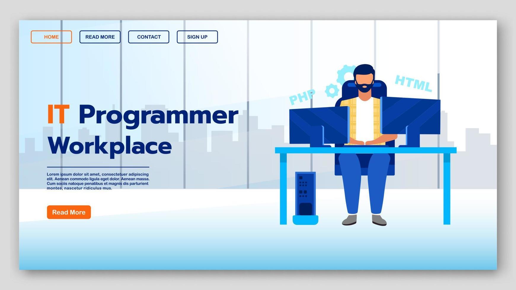 IT programmer workplace landing page vector template. Software development company website interface idea with flat illustrations. Developer courses homepage layout. Programming web banner concept